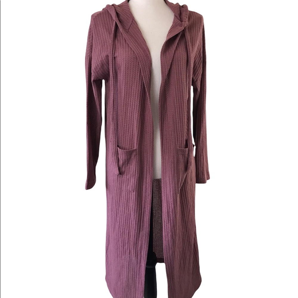 Love Riche Loveriche Mauve Pink Long Line Hooded Waffle Knit Duster Pockets S - Picture 4 of 9